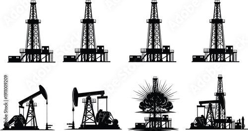 Industrial oil rig and pumpjack silhouettes set, featuring petroleum drilling towers, fuel extraction machinery, energy production, and fossil fuel industry.