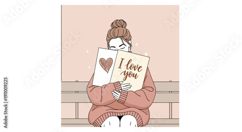 Heartfelt Love Message Embraced by a Woman with a Tender Expression of Affection