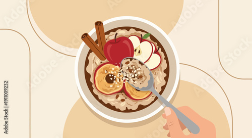 Hearty Oatmeal Bowl With Fresh Apples Cinnamon And Spoonful