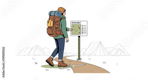 Hiker Consulting Campground Map Sign Before Setting Up Camp Outdoors