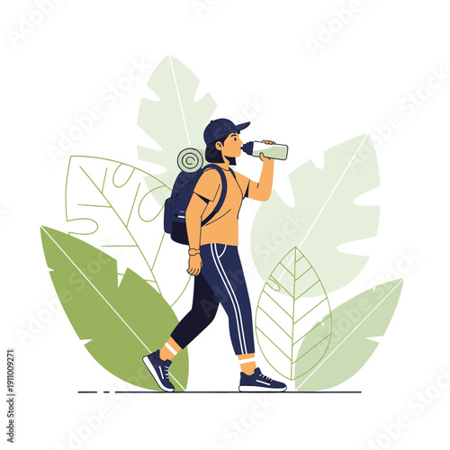 Hiker Hydrating Amongst Lush Green Foliage Solo Adventure Refreshment