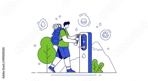 Hiker Refills Water Bottle At Sustainable Outdoor Dispenser