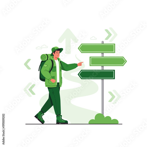 Hiker Navigating Crossroads Signpost Adventure Choice Decision