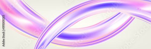 3D render of an abstract nature landscape featuring a transparent glossy glass ribbon floating on water. Holographic curved wave in dynamic motion with iridescent gradient reflections. Modern business