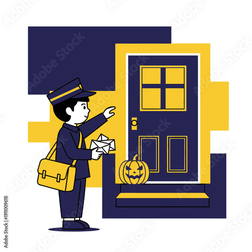 Illustration Of A Mail Carrier Delivering Letters Beside A Halloween-Themed Doorstep