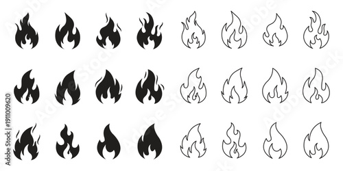 Fire Flame Icon Set, Campfire Torch Match Candle Symbols. Safety and Campfire Vector Set. Red flame fire icon collection simple flat symbol set vector. Minimal Fire Flame Icons. Black burning flame