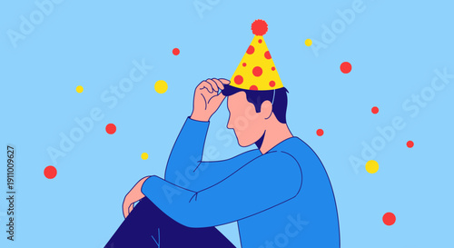 Isolated Man in Party Hat Feeling Melancholy Among Confetti