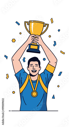 Joyful Athlete Celebrates Championship Victory Holding Golden Trophy High Above