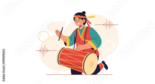 Illustration Of A Drummer Playing A Traditional Musical Instrument With Joyful Expression