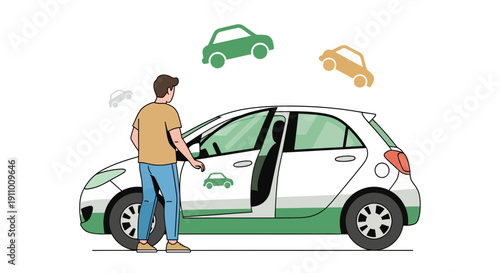 Illustration Of A Man Opening The Car Door With Car Icons Floating Above