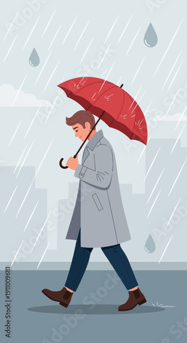 Illustration Of A Person Under A Red Umbrella Navigating A Stormy Urban Landscape