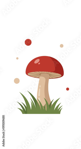 Illustration Of A Red Mushroom Emerging From Green Grass With Scattered Decorative Elements
