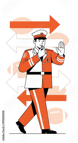 Illustration of a Referee Directing Traffic with Football Elements