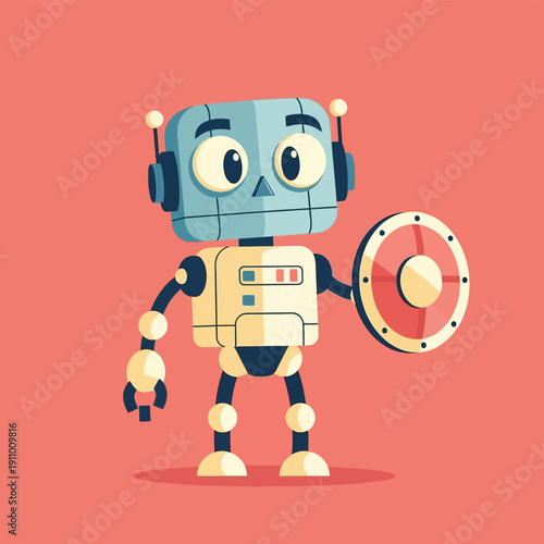 Cartoon Robot with Shield and Headphones.
