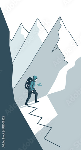 Illustrative Ascent On A Snowy Mountain Path With A Lone Hiker