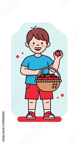 Joyful Boy Holds Basket Full Of Fresh Ripe Strawberries He Picked
