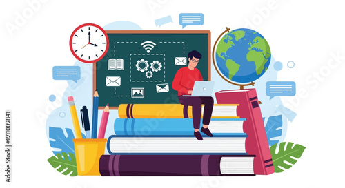 Man sitting on large stacked books with a laptop, near a chalkboard displaying icons. A globe and clock are nearby, representing online learning.