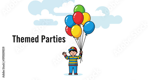 Joyful Boy With Colorful Balloons And Themed Parties Text