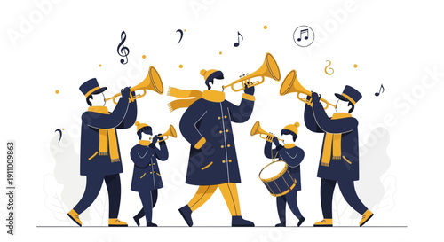 Joyful Brass Band Marching In Winter With Musical Notes Floating
