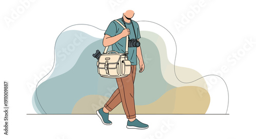Illustrative Man With Camera Bag Walking With Abstract Background