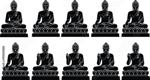 Lord Buddha statue silhouette set featuring various mudra hand gestures, meditating Zen figures, and spiritual Buddhist religious icons for vector design