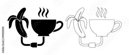 Creative concept of energy and refreshment with banana and hot drink connection