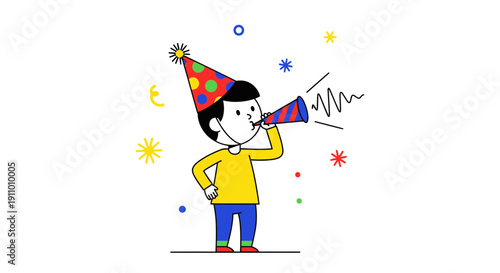 Joyful Celebration Featuring Child Blowing Horn Amidst Confetti and Festive Atmosphere