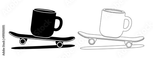 Whimsical coffee cup balanced on a skateboard, representing a dynamic morning.