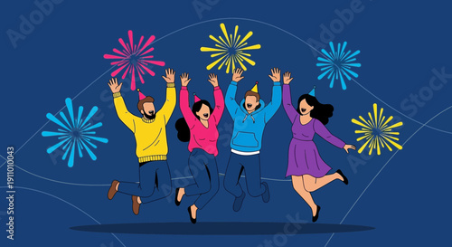 Joyful Celebration Friends Jumping With Fireworks And Party Hats