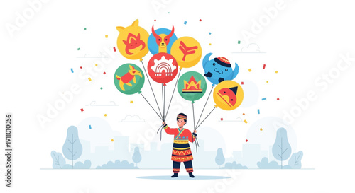 Joyful Celebration Holding Colorful Festive Balloons With Cultural Symbols