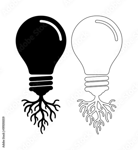 Black and white illustration of a lightbulb with roots symbolizing growth and new ideas.