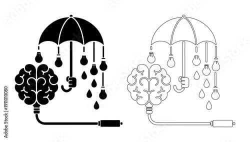 Creative idea protection and inspiration concept with a brain under an umbrella and light bulbs.