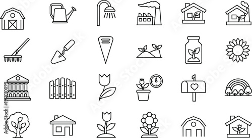 Line Art Icon Set Featuring Gardening Tools, Sustainable Eco Housing, Farm Buildings, Flowers, Agriculture Equipment, Nature Elements, and Organic Growth Symbols