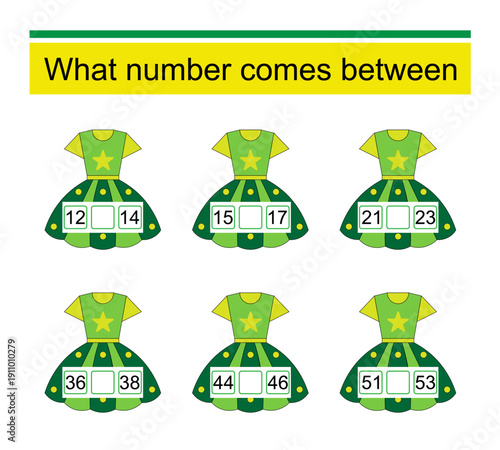 What number comes between? Math worksheets for children.