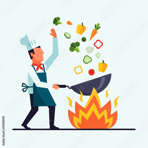 Chef Cooking Vegetables on Fire.