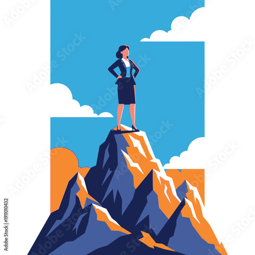 Confident Businesswoman Standing on Mountain Peak.