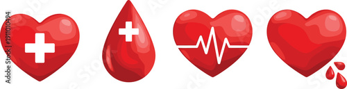 Medical Heart and Blood Drop Icons, Healthcare Donation Symbols, Red Heart With Cross and Pulse, Life Saving Emergency Cardiology Graphics, Isolated Vector Set,