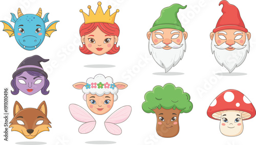 Vector collection of cute fairytale masks featuring a dragon princess gnomes witch sheep fairy fox broccoli tree and mushroom characters