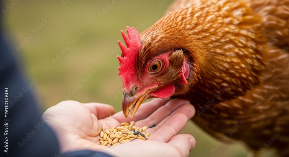 Fototapeta premium Close-up of a brown chicken eating seeds from a person's open hand
