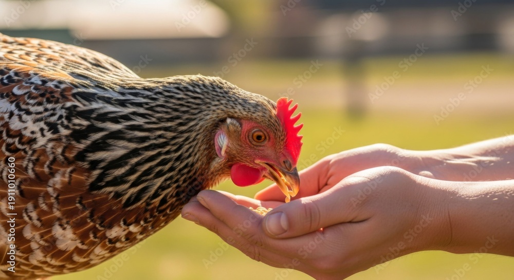 Fototapeta premium Close-up of a hen eating seeds from a person's cupped hands outdoors