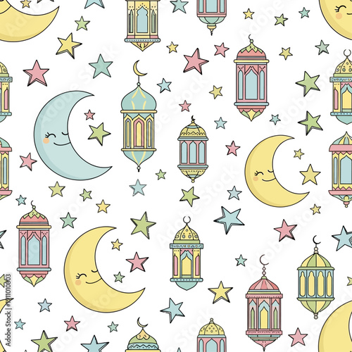 Charming and festive cartoon-style seamless pattern design showcasing adorable crescent moons, elegant traditional lanterns, and sparkling celestial elements, perfect for joyous spiritual celebrations