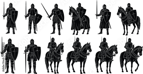 Medieval knight silhouettes set, featuring armored warriors with swords and shields, horseback riders, crusaders, and historical heraldry for epic fantasy design.