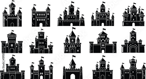 Medieval castle and fortress silhouettes set, featuring royal palace towers, kingdom fortifications, ancient stone citadels, and fairytale architecture for graphic design.