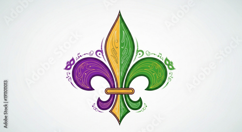 Colorful fleur de lis symbol with purple green and yellow hues on white background