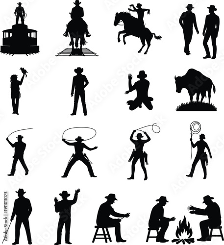 Vector, black, silhouette, set, of, cowboys, riding, horses, using, lassos, sitting, by, campfire, and, buffalo, for, western, rodeo, ranch, and, wild, west, design, elements