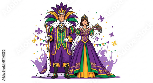 Mardi gras king and queen in purple green gold costumes with crowns
