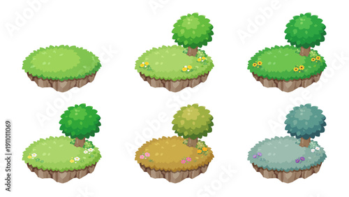 春夏秋冬のヴィネット風の木と花がある草原の島のイラスト素材