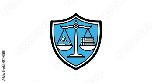 Justice System Depiction With Gavel, Books, and Scales Within a Shield Symbol