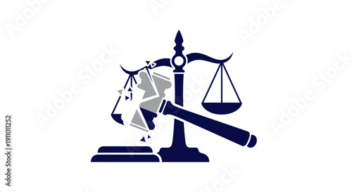 Justice System Symbolized by Broken Elements and Unbalanced Scales of Law