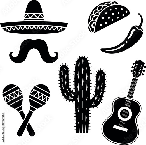Mexican culture symbols sombrero mustache maracas cactus guitar